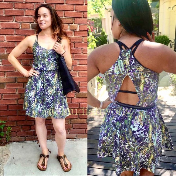LULULEMON Mesh Cutout Racerback Mini Dress in Purple Floral Stripe - Picture 1 of 9